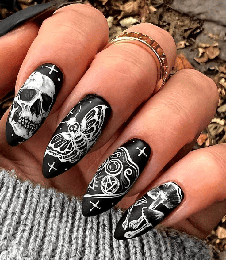 Black And Skeleton Halloween Nails