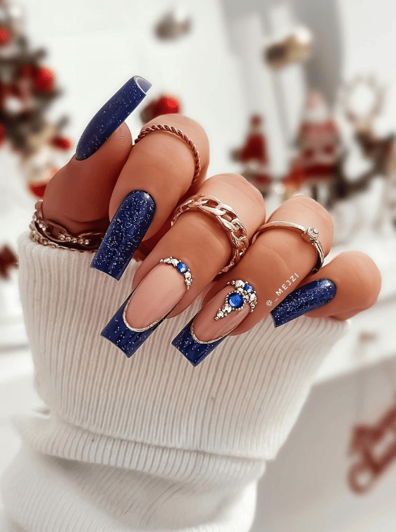 Blue And Silver Holiday Nails