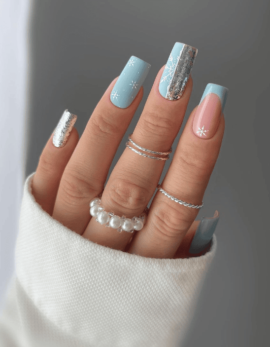 Blue Snowflake Christmas Nails