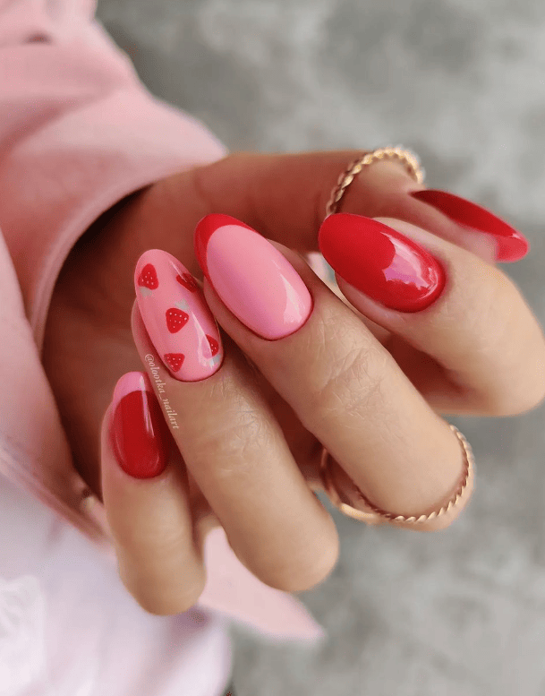 Red And Pink Strawberry Nails