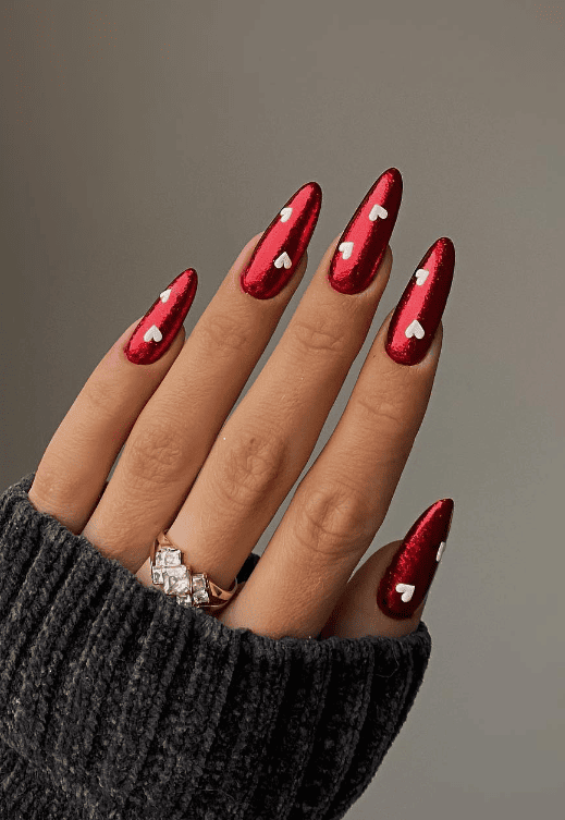 Red Valentine's Day Nails With Hearts