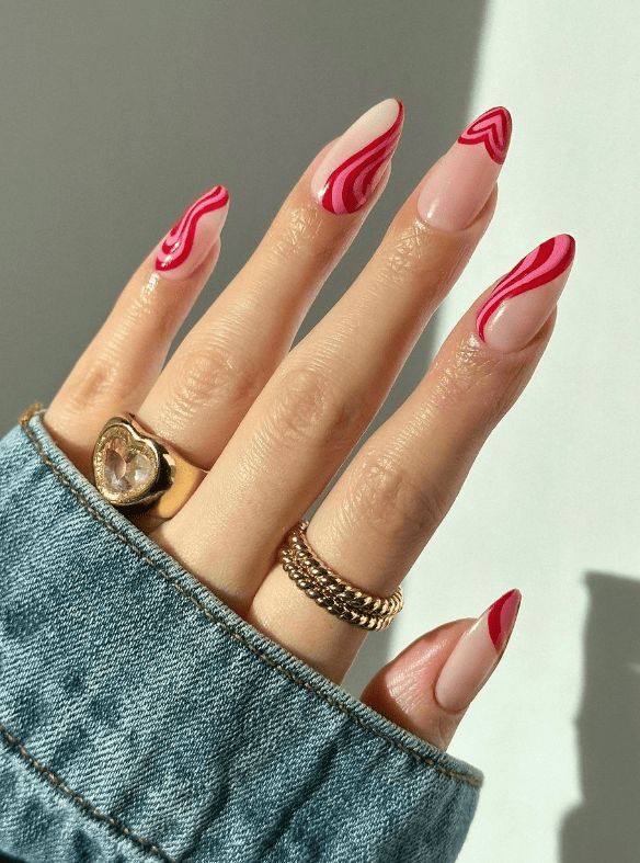 Valentine's Day Nails With Wavy Lines