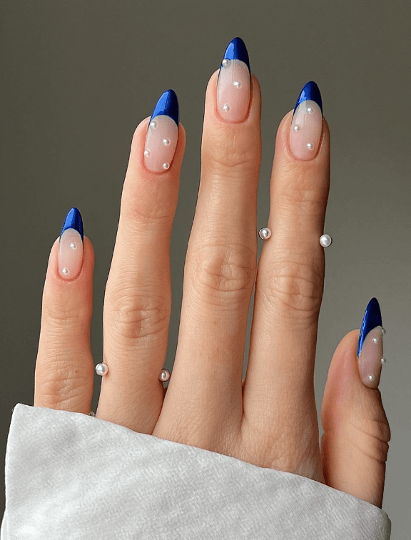 Blue French Tips With Pearls
